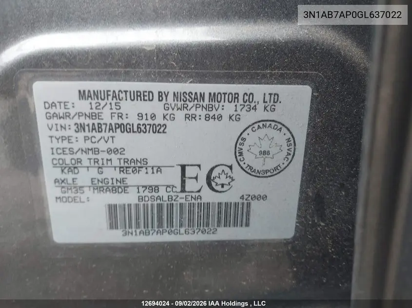 2016 NISSAN SENTRA VIN 3N1AB7AP0GL637022 — фото 9