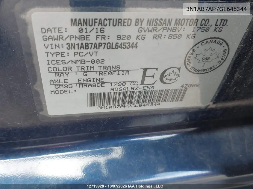 2016 NISSAN SENTRA VIN 3N1AB7AP7GL645344 — фото 9