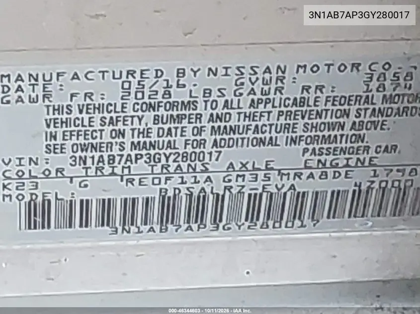2016 NISSAN SENTRA VIN 3N1AB7AP3GY280017 — фото 9