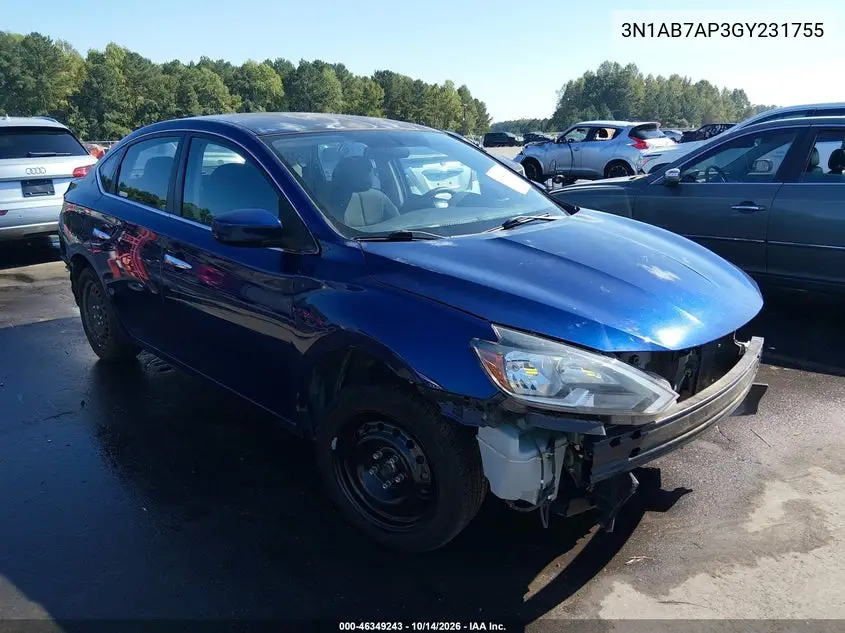 NISSAN SENTRA 2016, VIN 3N1AB7AP3GY231755