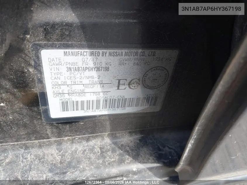 2017 NISSAN SENTRA VIN 3N1AB7AP6HY367198 — фото 9