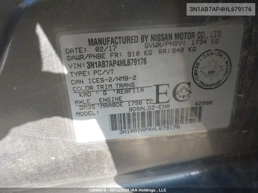 2017 NISSAN SENTRA VIN 3N1AB7AP4HL679176 — фото 9