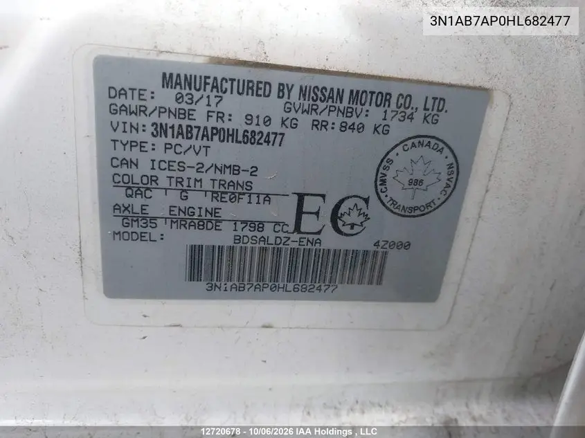 2017 NISSAN SENTRA VIN 3N1AB7AP0HL682477 — фото 17
