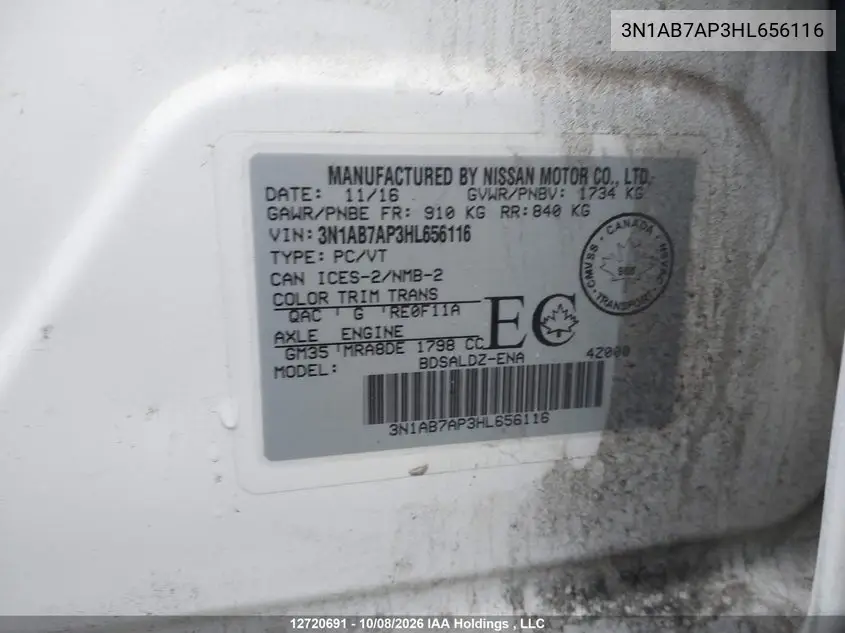2017 NISSAN SENTRA VIN 3N1AB7AP3HL656116 — фото 9