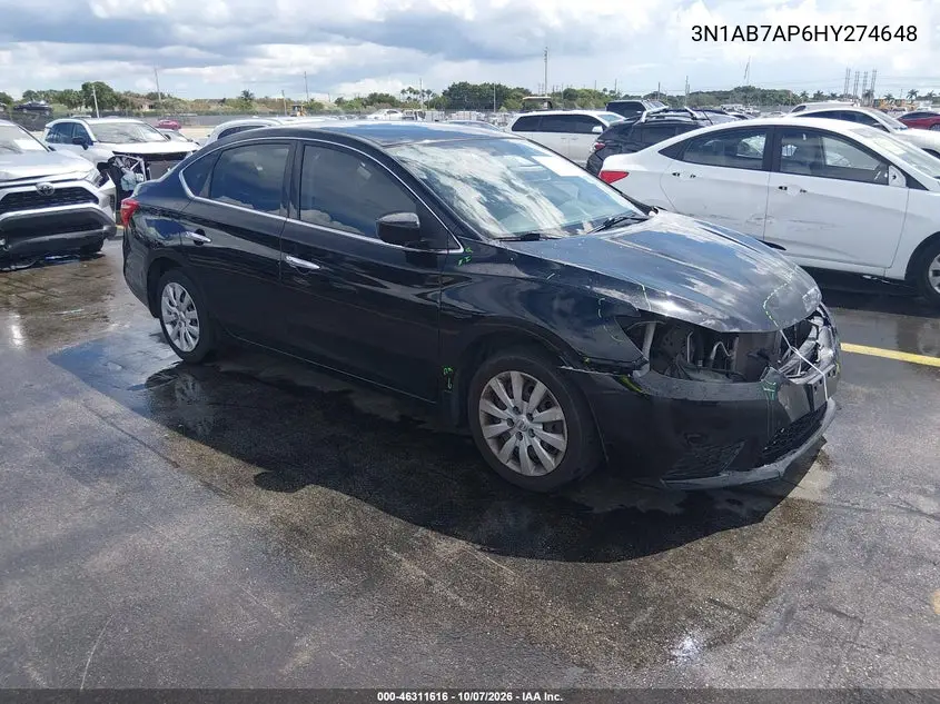 NISSAN SENTRA 2017, VIN 3N1AB7AP6HY274648