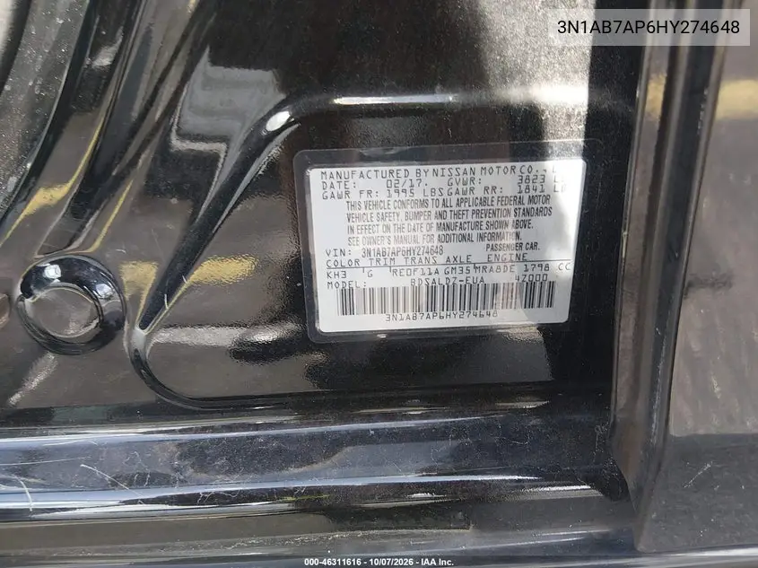 2017 NISSAN SENTRA VIN 3N1AB7AP6HY274648 — фото 9