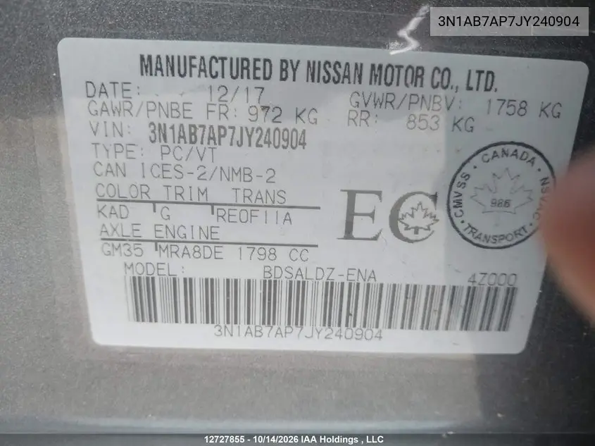 2018 NISSAN SENTRA VIN 3N1AB7AP7JY240904 — фото 9