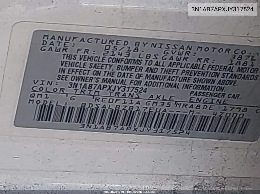 2018 NISSAN SENTRA VIN 3N1AB7APXJY317524 — фото 9