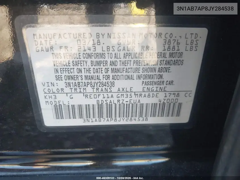 2018 NISSAN SENTRA VIN 3N1AB7AP8JY284538 — фото 9