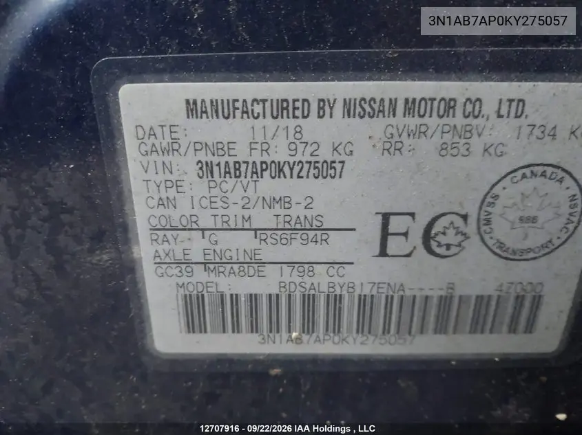 2019 NISSAN SENTRA VIN 3N1AB7AP0KY275057 — фото 9