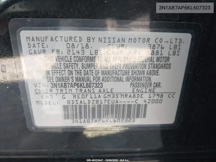 2019 NISSAN SENTRA VIN 3N1AB7AP6KL607323 — фото 9