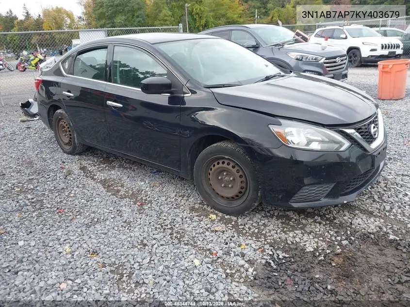 NISSAN SENTRA 2019, VIN 3N1AB7AP7KY403679