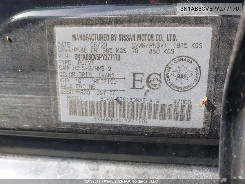 2023 NISSAN SENTRA VIN 3N1AB8CV5PY277170 — фото 9