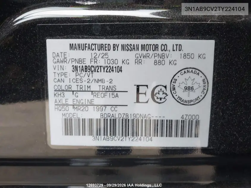 2026 NISSAN SENTRA VIN 3N1AB9CV2TY224104 — фото 9