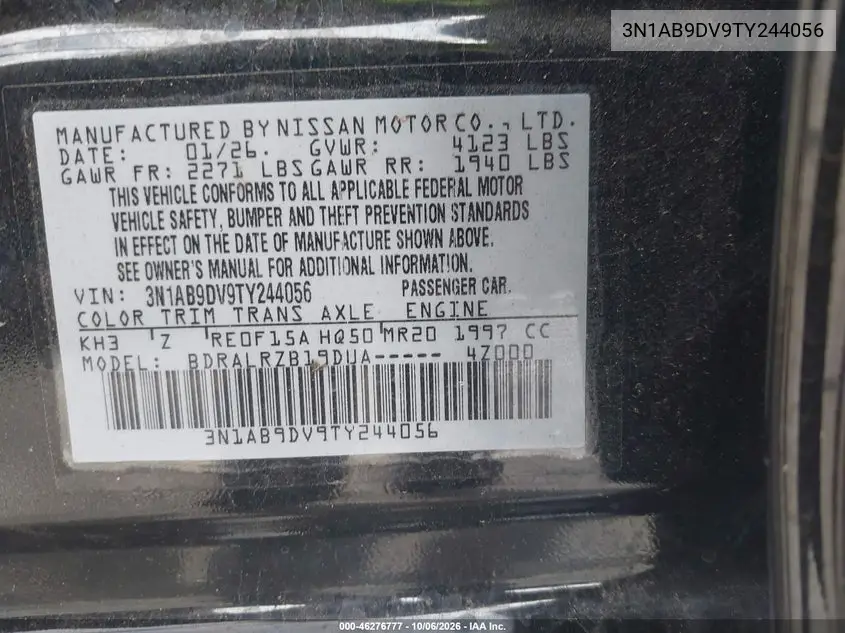 2026 NISSAN SENTRA VIN 3N1AB9DV9TY244056 — фото 9