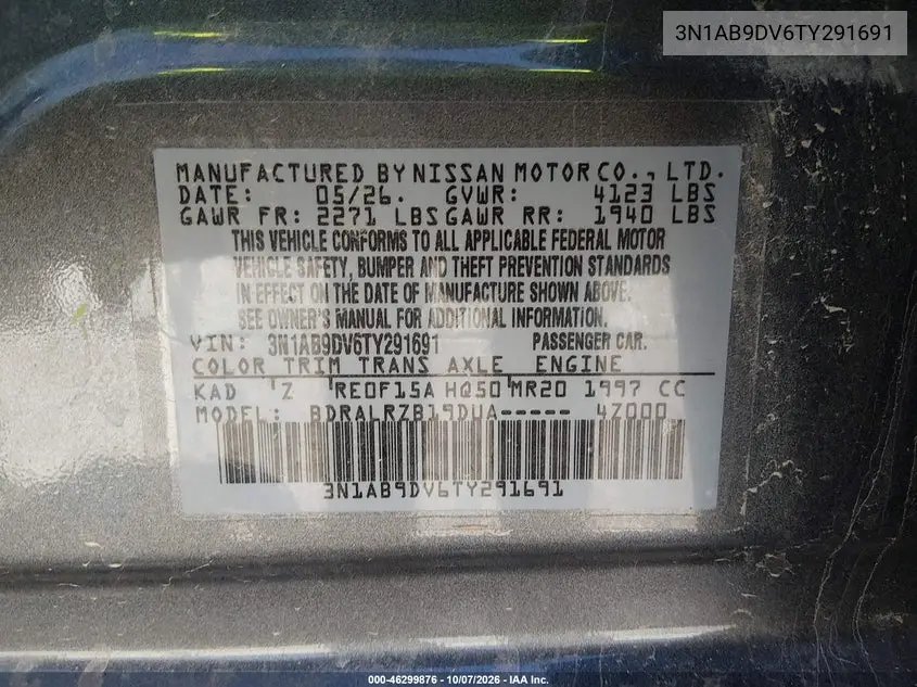 2026 NISSAN SENTRA VIN 3N1AB9DV6TY291691 — фото 9