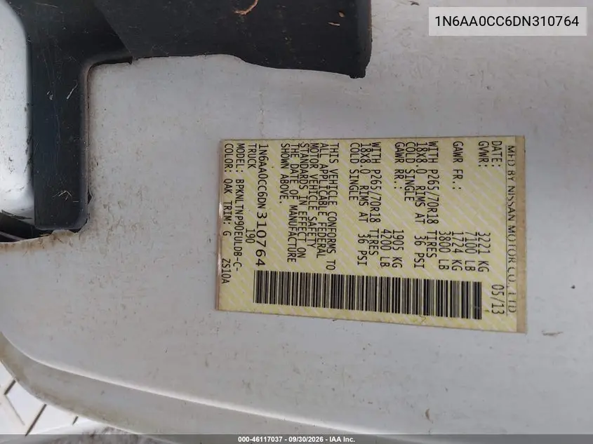 2013 NISSAN TITAN VIN 1N6AA0CC6DN310764 — фото 9