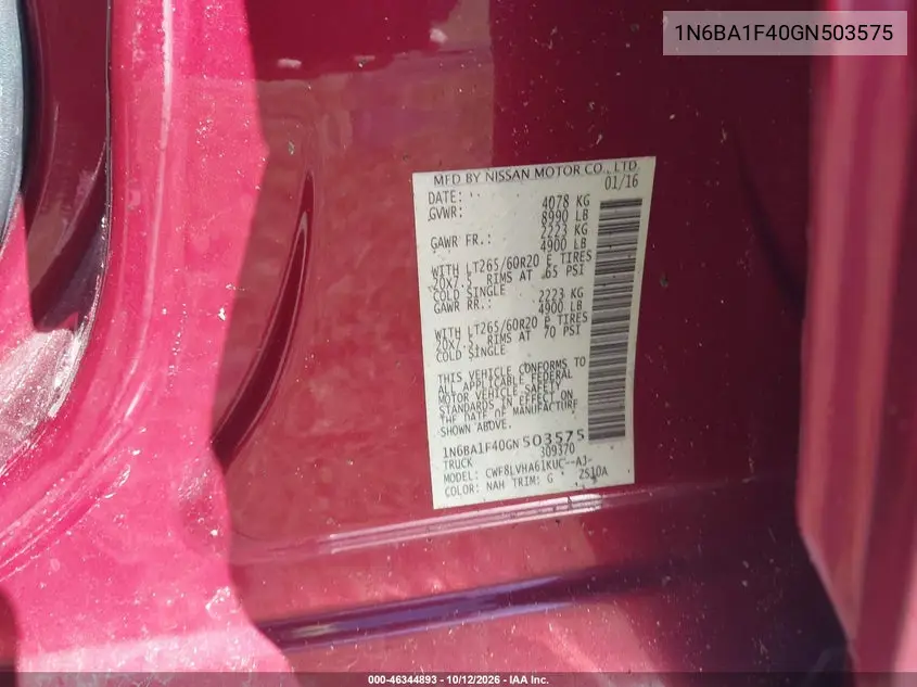 2016 NISSAN TITAN VIN 1N6BA1F40GN503575 — фото 9