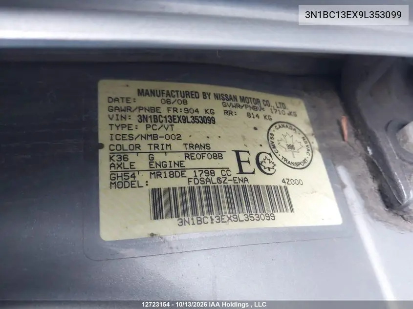 2009 NISSAN VERSA VIN 3N1BC13EX9L353099 — фото 9