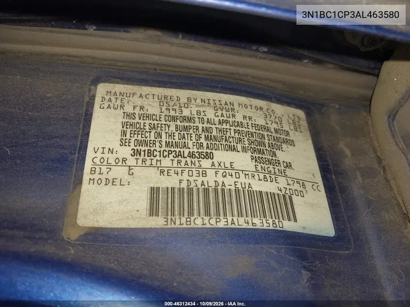2010 NISSAN VERSA VIN 3N1BC1CP3AL463580 — фото 9