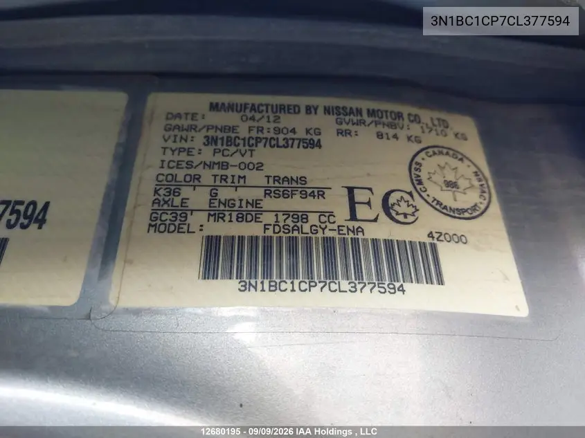 2012 NISSAN VERSA VIN 3N1BC1CP7CL377594 — фото 19