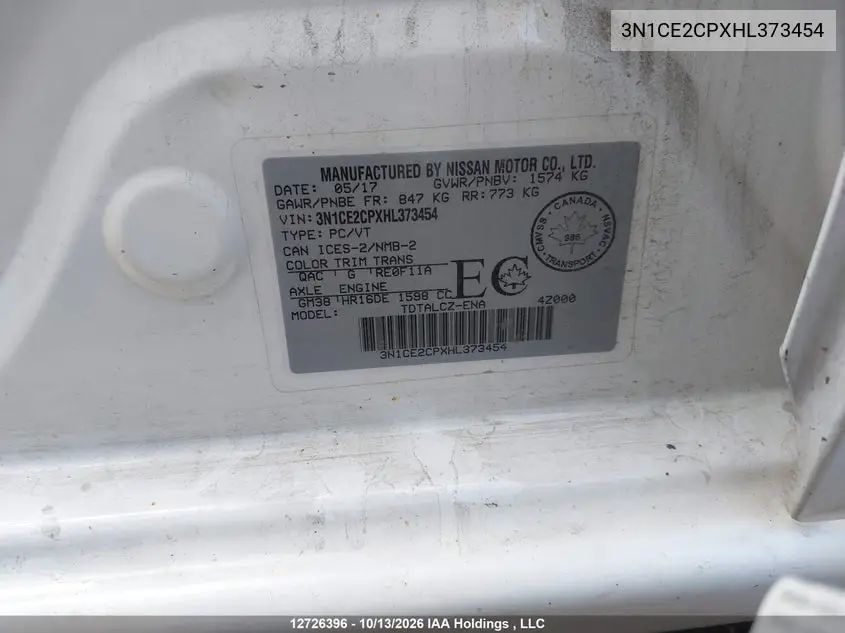 2017 NISSAN VERSA VIN 3N1CE2CPXHL373454 — фото 9