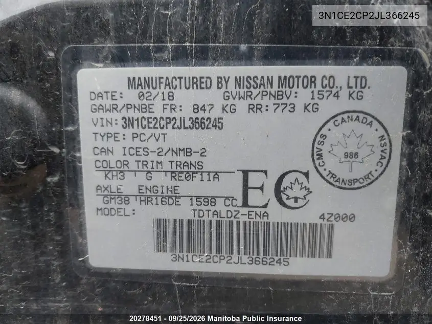 2018 NISSAN VERSA VIN 3N1CE2CP2JL366245 — фото 8