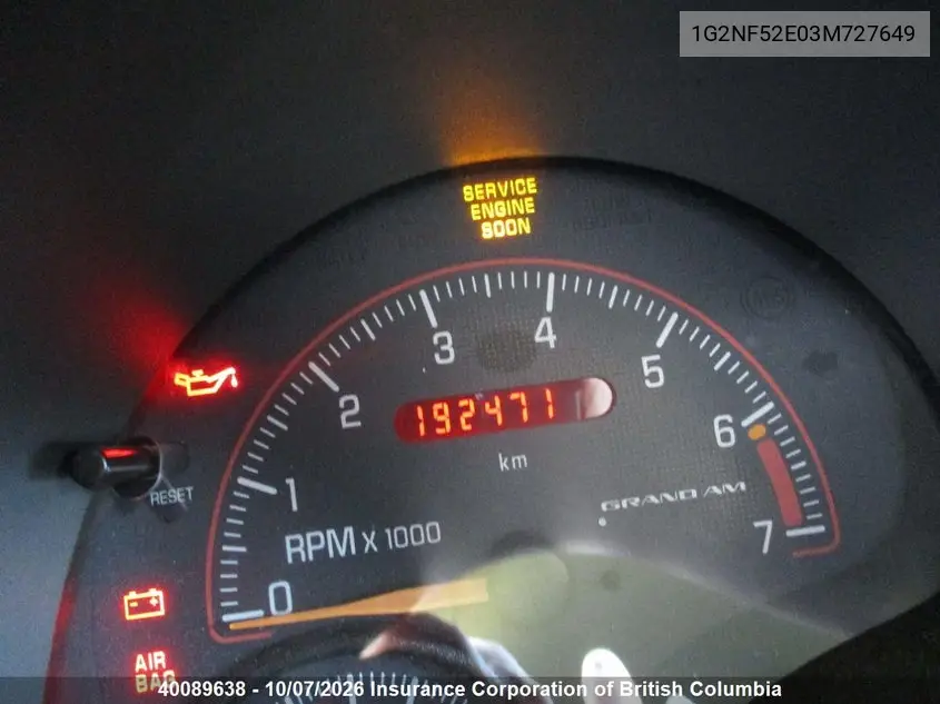 2003 PONTIAC GRAND AM VIN 1G2NF52E03M727649 — фото 10