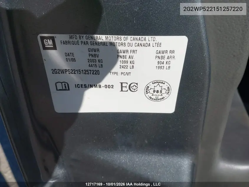 2005 PONTIAC GRAND PRIX VIN 2G2WP522151257220 — фото 18