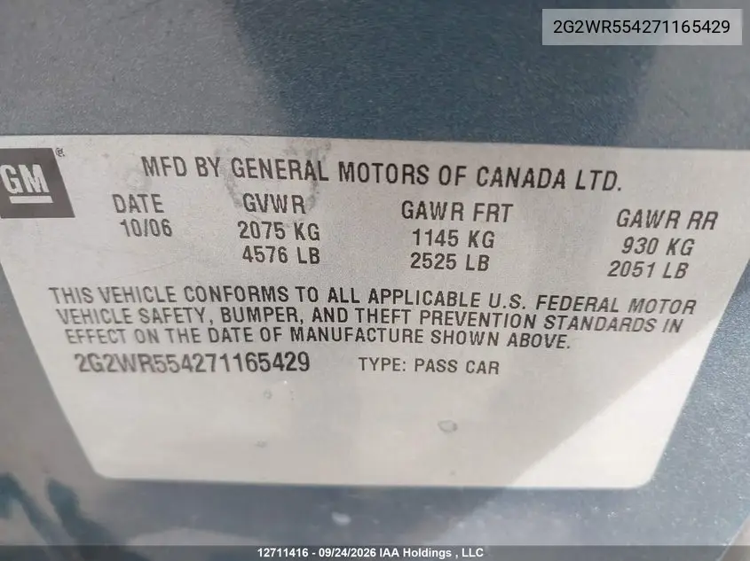 2007 PONTIAC GRAND PRIX VIN 2G2WR554271165429 — фото 9