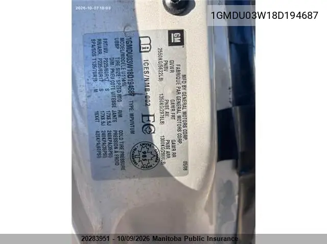 PONTIAC MONTANA 2008, VIN 1GMDU03W18D194687