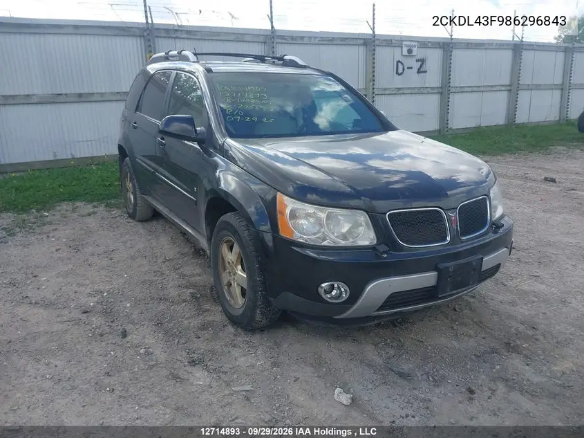 PONTIAC TORRENT 2008, VIN 2CKDL43F986296843
