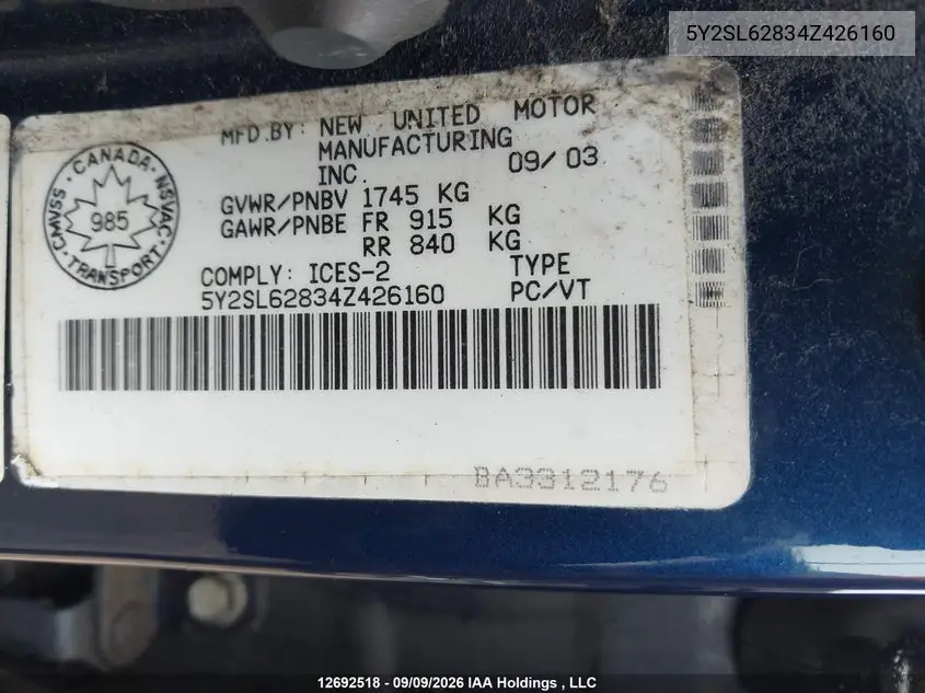2004 PONTIAC VIBE VIN 5Y2SL62834Z426160 — фото 9