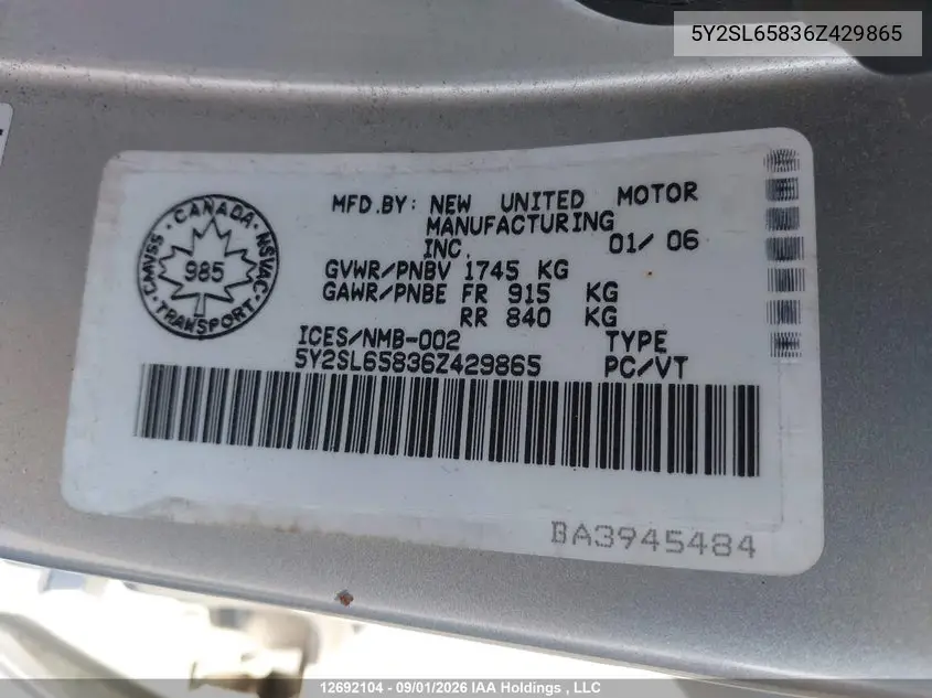 2006 PONTIAC VIBE VIN 5Y2SL65836Z429865 — фото 18