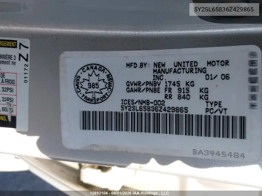 2006 PONTIAC VIBE VIN 5Y2SL65836Z429865 — фото 9