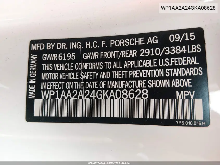2016 PORSCHE CAYENNE VIN WP1AA2A24GKA08628 — фото 9