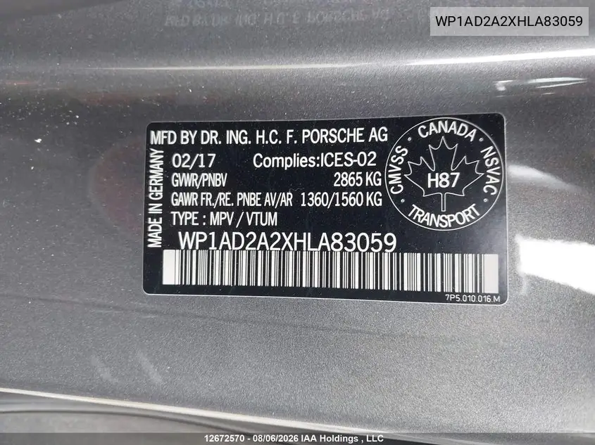 2017 PORSCHE CAYENNE VIN WP1AD2A2XHLA83059 — фото 9