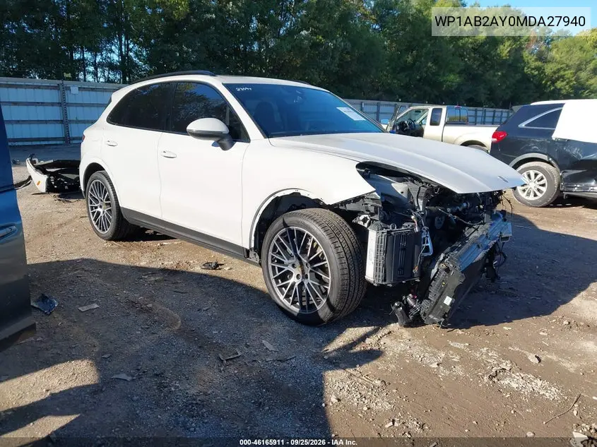PORSCHE CAYENNE 2021, VIN WP1AB2AY0MDA27940