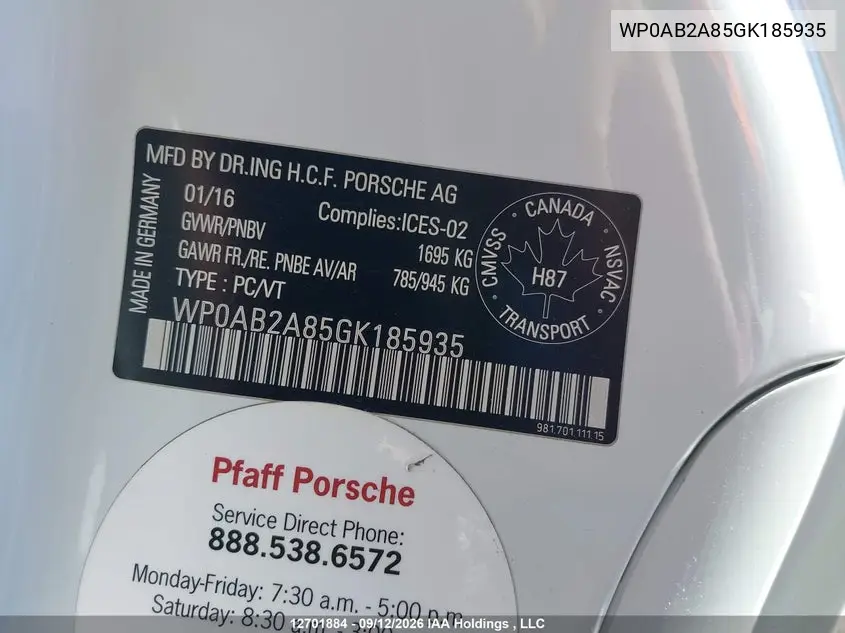 2016 PORSCHE CAYMAN VIN WP0AB2A85GK185935 — фото 9