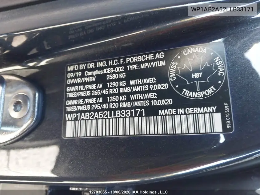 2020 PORSCHE MACAN VIN WP1AB2A52LLB33171 — фото 9