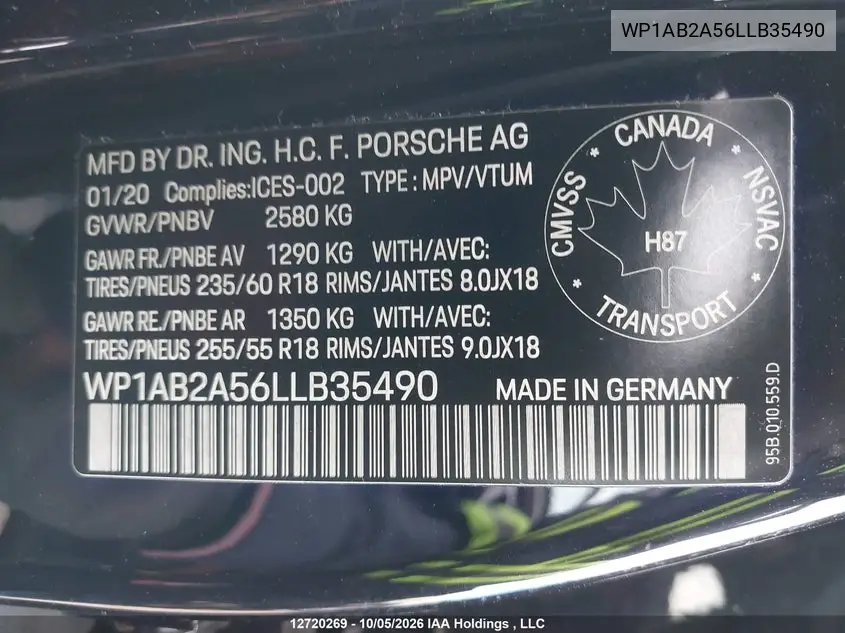 2020 PORSCHE MACAN VIN WP1AB2A56LLB35490 — фото 9