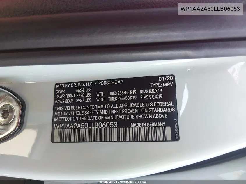 2020 PORSCHE MACAN VIN WP1AA2A50LLB06053 — фото 9