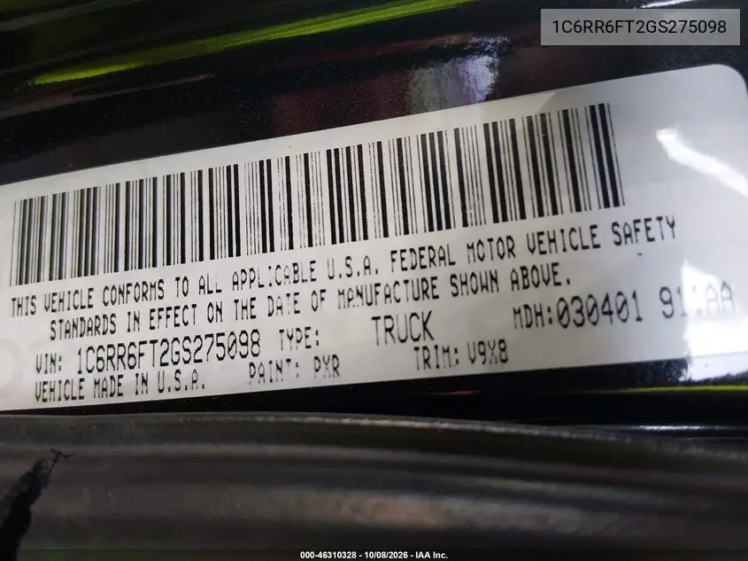 2016 RAM 1500 VIN 1C6RR6FT2GS275098 — фото 9