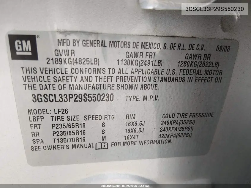 2009 SATURN VUE VIN 3GSCL33P29S550230 — фото 9