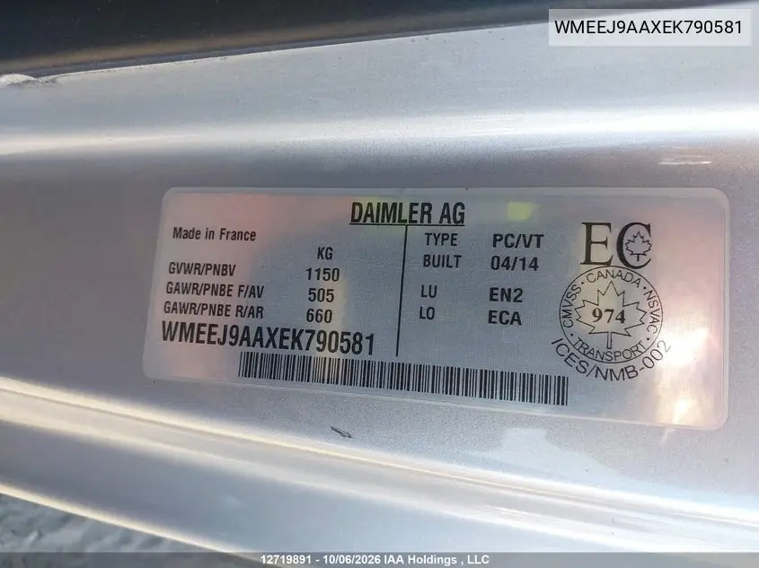 2014 SMART FORTWO VIN WMEEJ9AAXEK790581 — фото 9