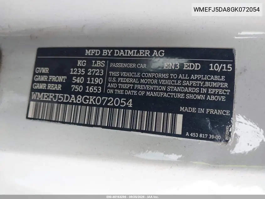 2016 SMART FORTWO VIN WMEFJ5DA8GK072054 — фото 9