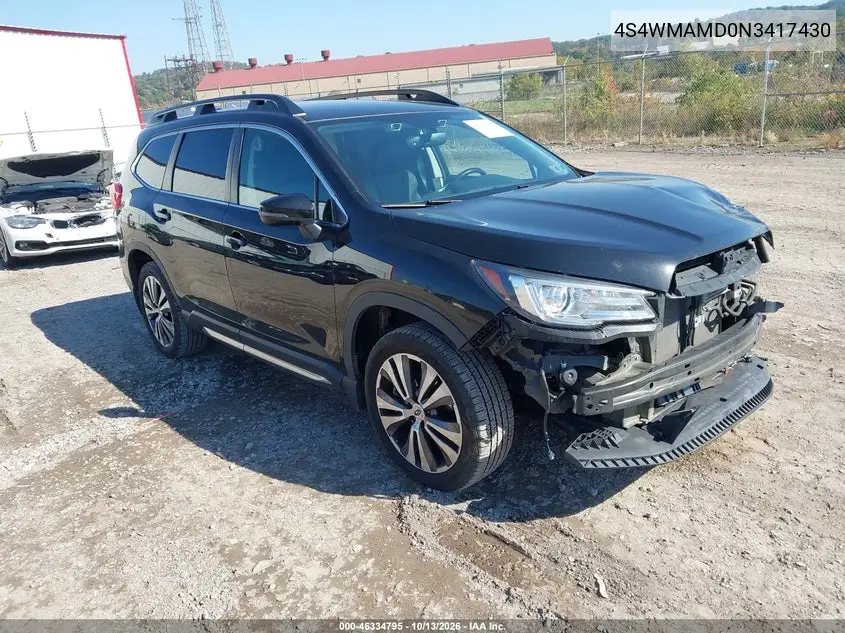 SUBARU ASCENT 2022, VIN 4S4WMAMD0N3417430