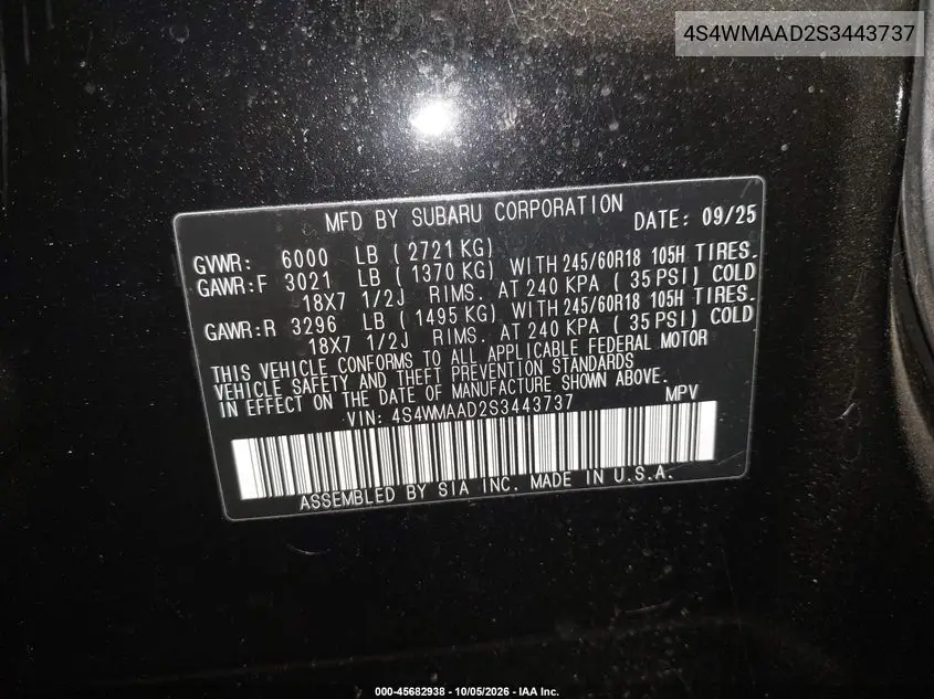 2025 SUBARU ASCENT VIN 4S4WMAAD2S3443737 — фото 9