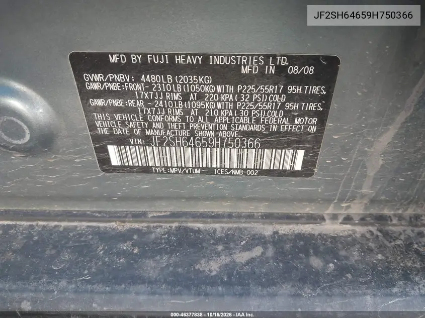 2009 SUBARU FORESTER VIN JF2SH64659H750366 — фото 9