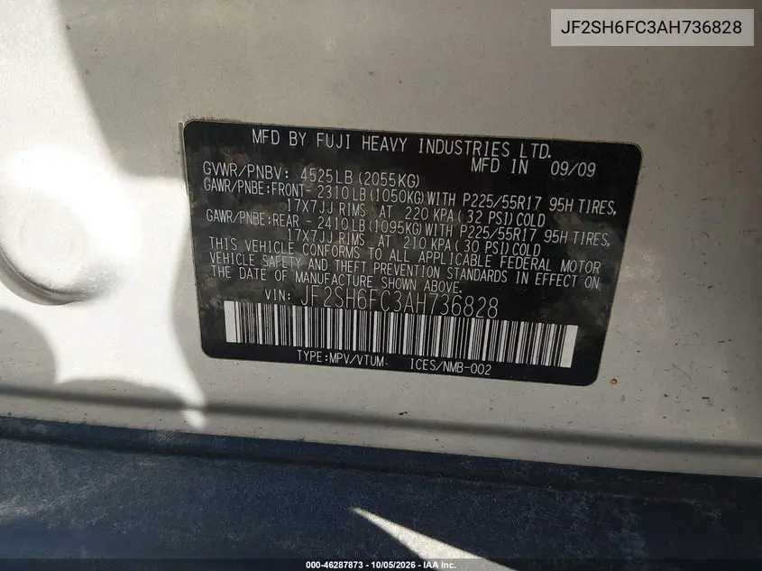 2010 SUBARU FORESTER VIN JF2SH6FC3AH736828 — фото 9